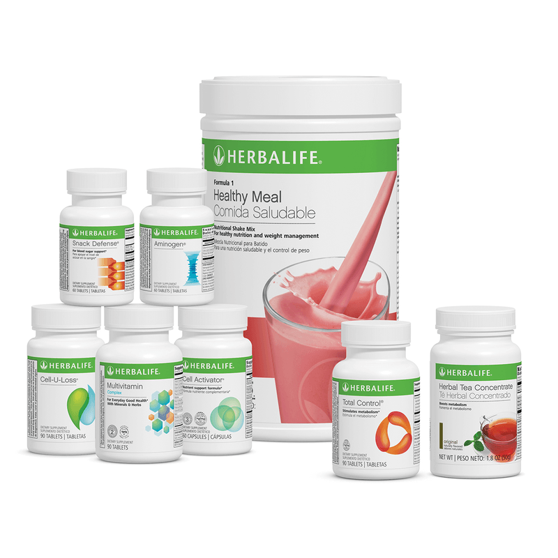 Ultimate Program by Herbalife featuring Wild Berry shake, Snack Defense, Aminogen, and various supplements for weight management.