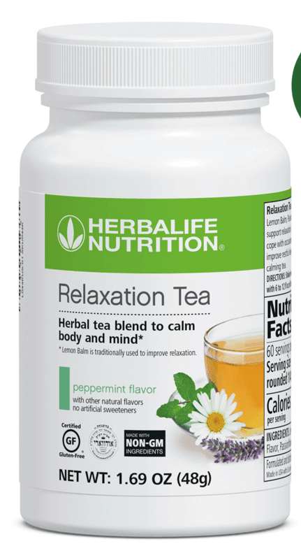 Best Peppermint Relaxation Tea by Herbalife Nutrition, herbal blend to calm body and mind in a 1.69 oz container.