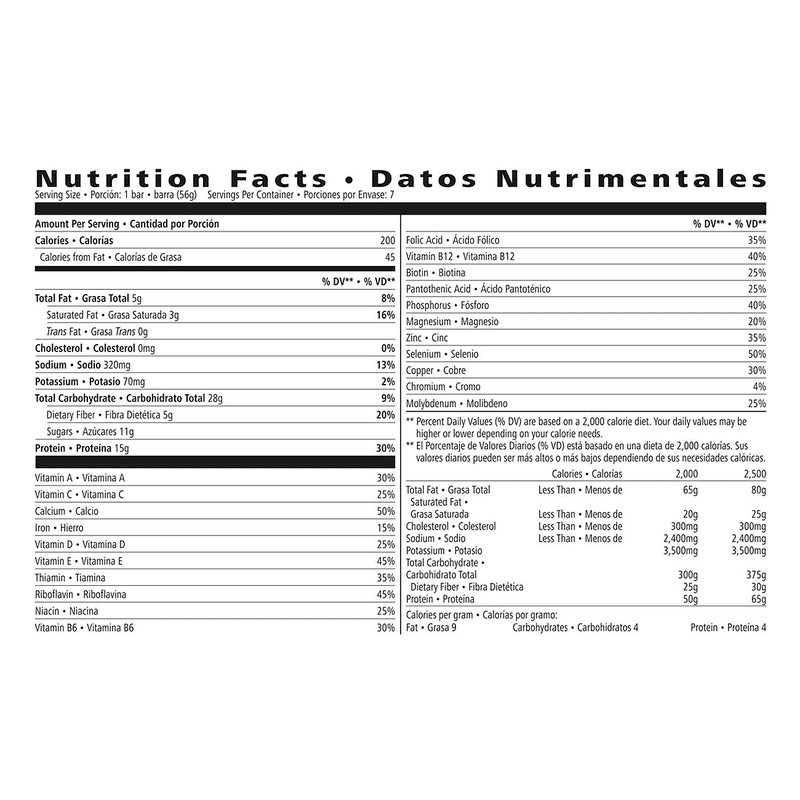 Nutrition facts for Formula 1 Express Meal Bar Cookies 'n Cream - 7 Bars, detailing calories and vitamins.