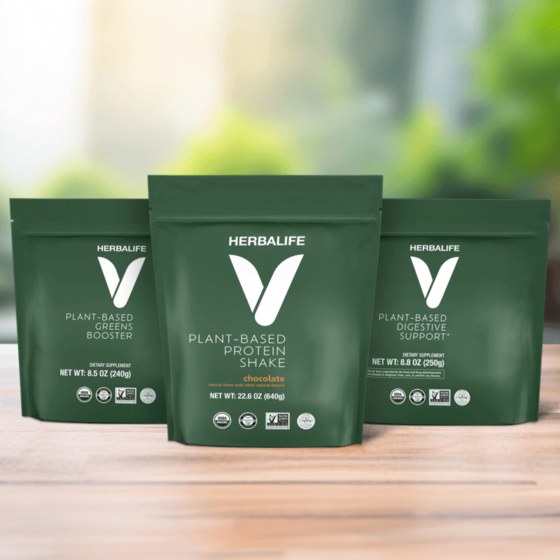 Herbalife GLP-1 Nutrition Companion Vegan with vegan plant-based protein shake chocolate flavor.