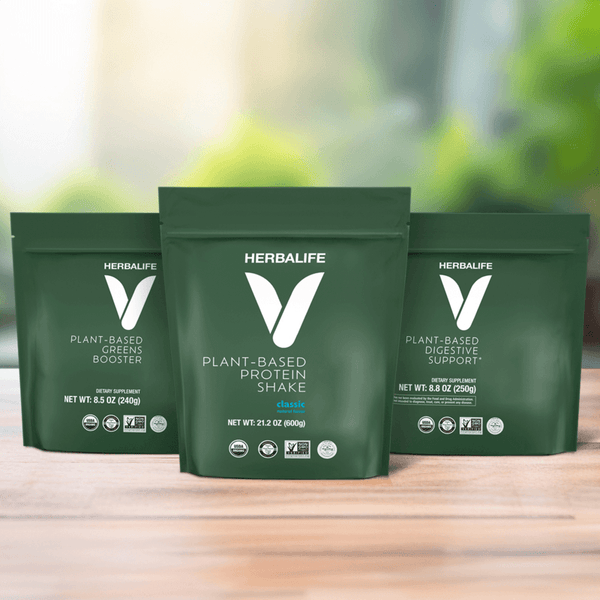 Herbalife GLP-1 Nutrition Companion Vegan product line featuring Plant-Based Protein Shake and boosters, Classic flavor.