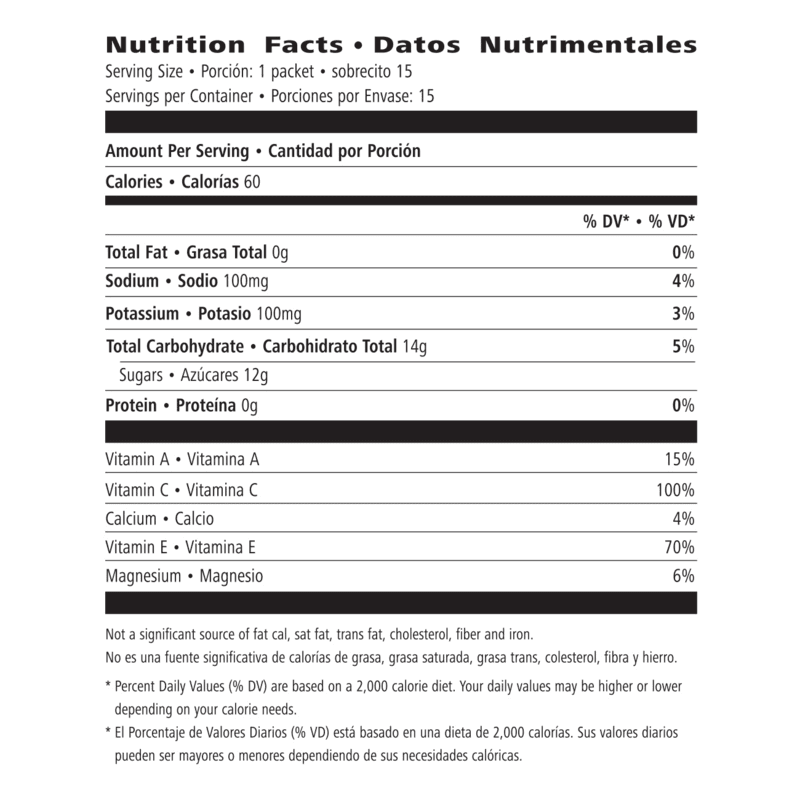 H³O Fitness Drink Orangeade 15 Packets | Rapid Hydration nutrition facts label with essential electrolytes and vitamin content.