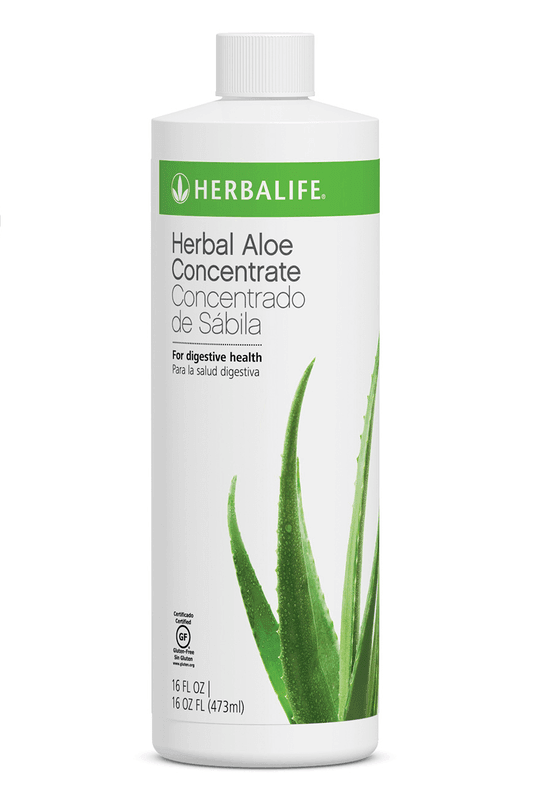 Herbal Aloe Concentrate 16 oz bottle for digestive health with aloe vera, gluten-free, healthy alternative to sugary drinks.