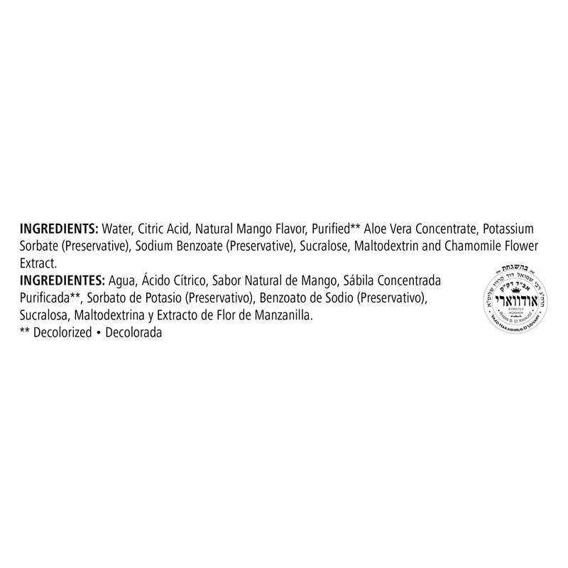 Ingredients list for Herbal Aloe Concentrate, including natural mango flavor and aloe vera concentrate.