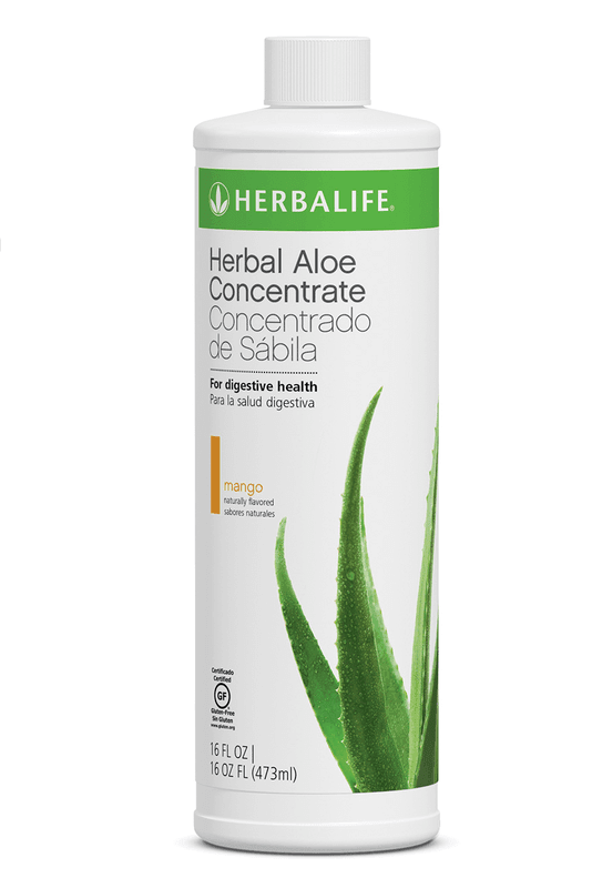 Herbal Aloe Concentrate in mango flavor, 16 oz bottle for digestive health, gluten-free with premium aloe vera.