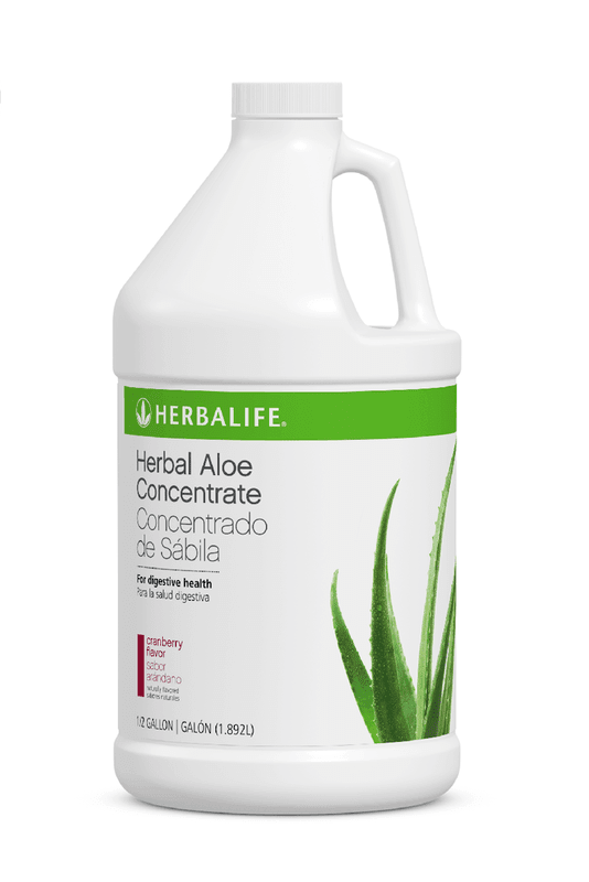 Herbal Aloe Concentrate in 1/2 Gallon size with cranberry flavor promoting digestive health and soothing stomach.