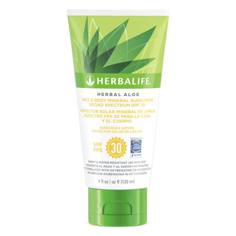 Herbal Aloe Face & Body Sunscreen Broad Spectrum SPF 30, 4 oz mineral sunscreen tube with aloe and SPF 30 protection.