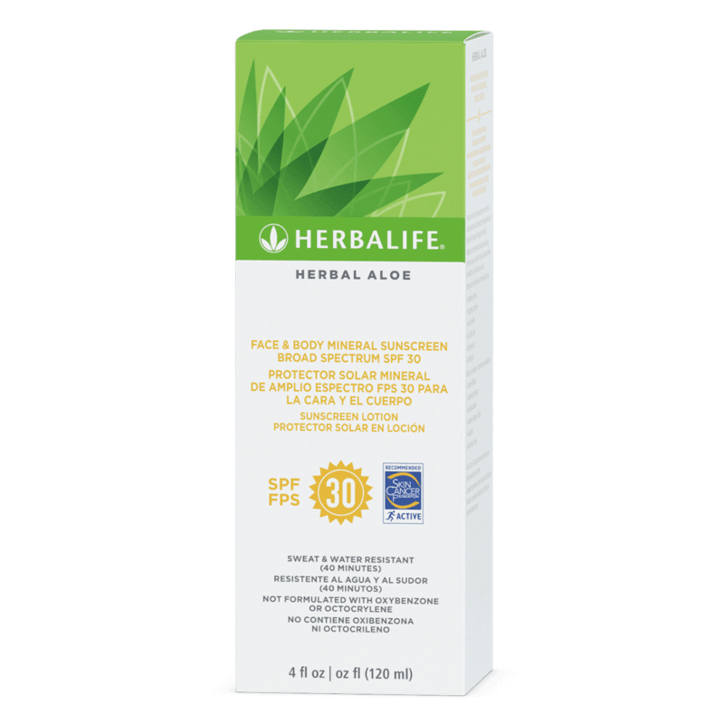 Herbal Aloe Face & Body Sunscreen Broad Spectrum SPF 30 lotion packaging with aloe vera graphics, 4 fl oz size.