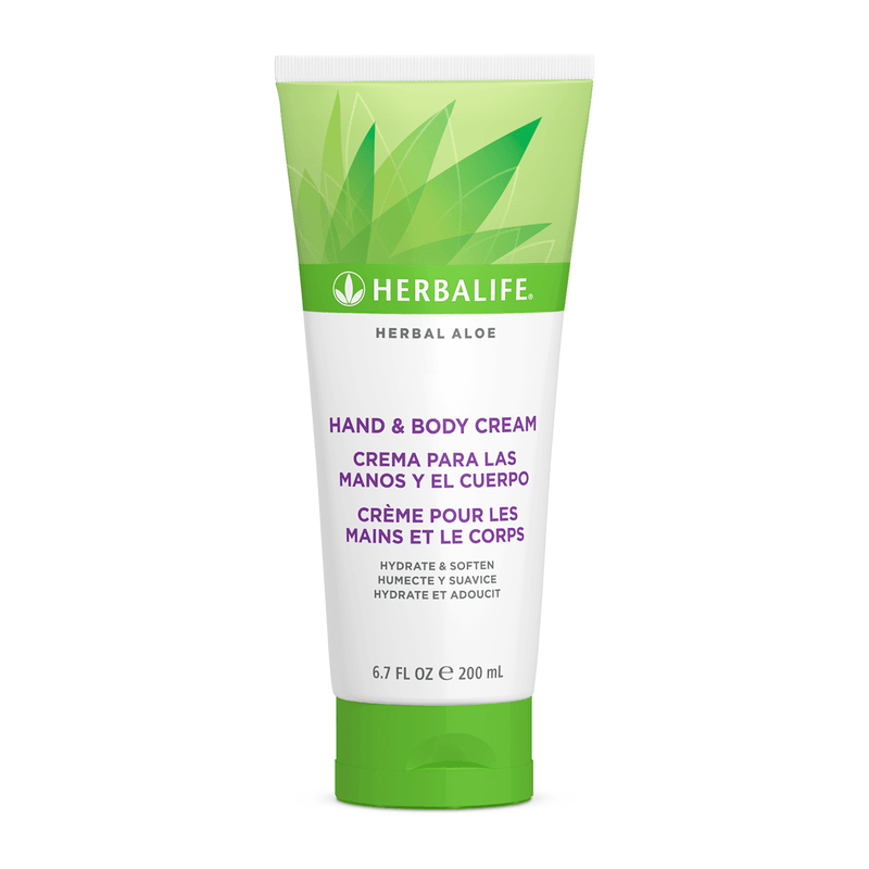 Herbal Aloe Hand & Body Cream tube featuring aloe vera and shea butter for hydration and smooth skin.