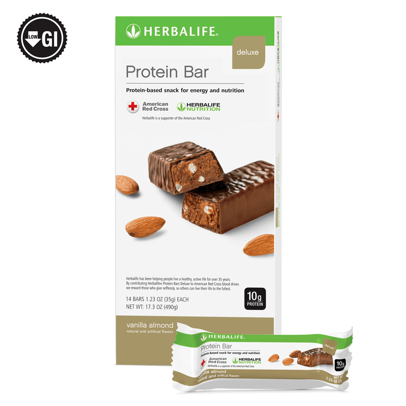 Protein Bar Deluxe with Vanilla Almond flavor and chocolate coating, supporting healthy lifestyle and nutrition.