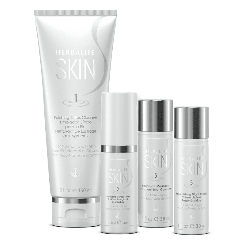 Herbalife SKIN Basic Program For Normal to Oily Skin with cleanser, toner, moisturizer, and night cream.
