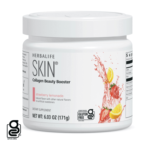 Herbalife SKIN Collagen Beauty Booster strawberry lemonade flavor in a dietary supplement container.