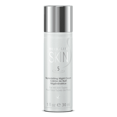 Herbalife SKIN® Replenishing Night Cream bottle for all skin types, provides overnight hydration and softness to skin.