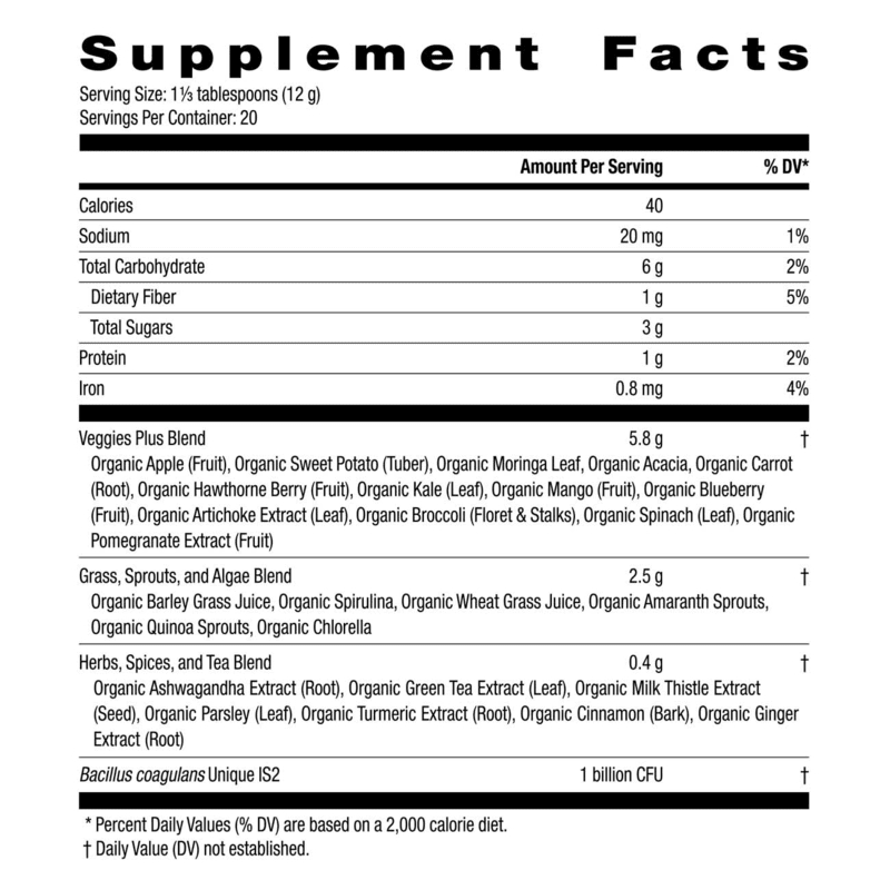 Supplement facts for HERBALIFE V Plant-Based Greens Booster including calories, nutrients, and organic blends.