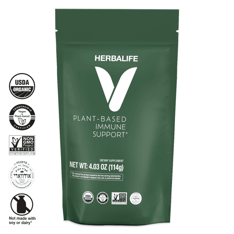 HERBALIFE V Plant-Based Immune Support (20 servings) dietary supplement package with vegan and USDA organic labels.