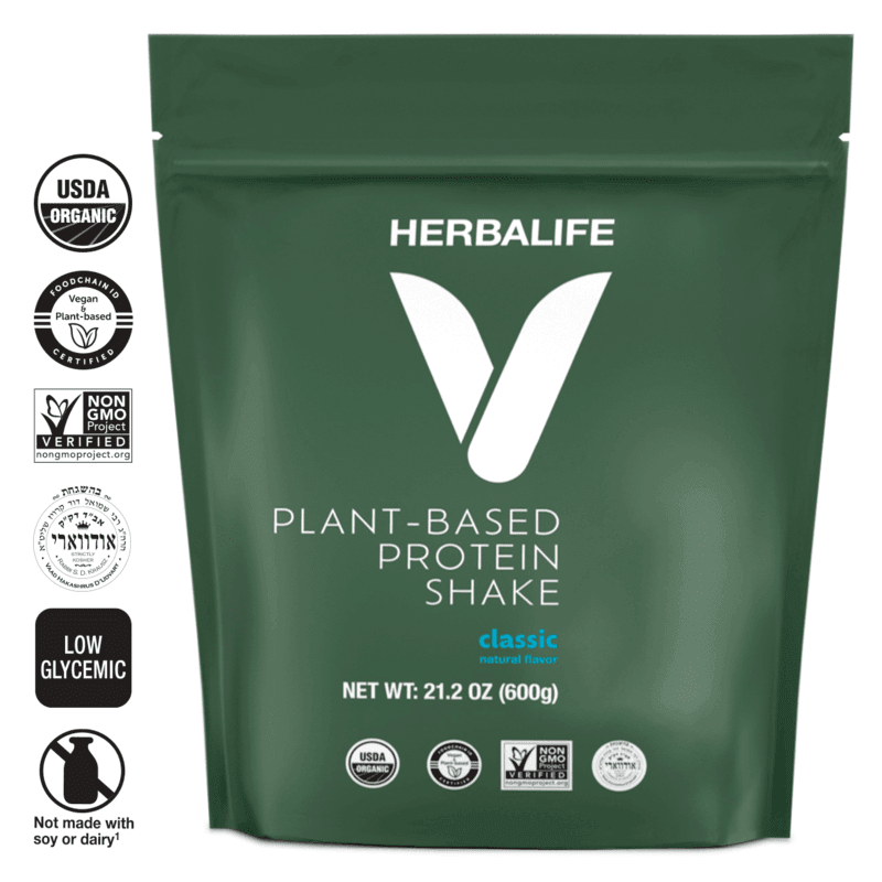 HERBALIFE V Plant-Based Protein Shake, classic flavor, 21.2 oz, vegan, low glycemic, organic, non-GMO.