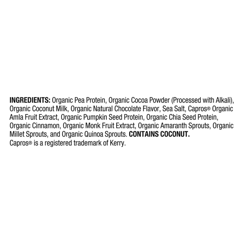 Ingredients of HERBALIFE V Plant-Based Protein Shake, including organic pean and cocoa powder.