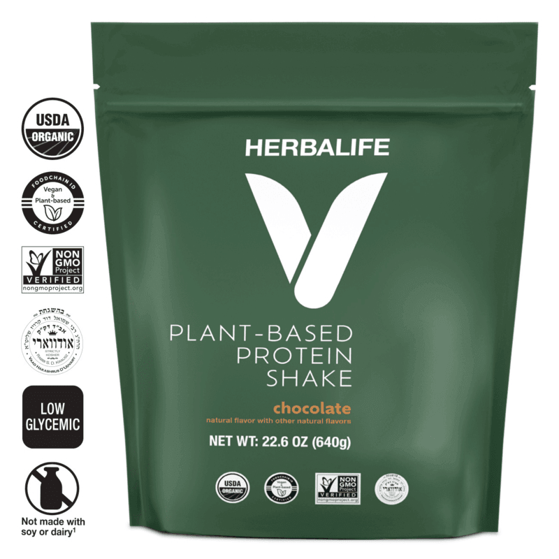 HERBALIFE V Plant-Based Protein Shake in chocolate flavor, 22.6 oz package with organic and vegan certifications.