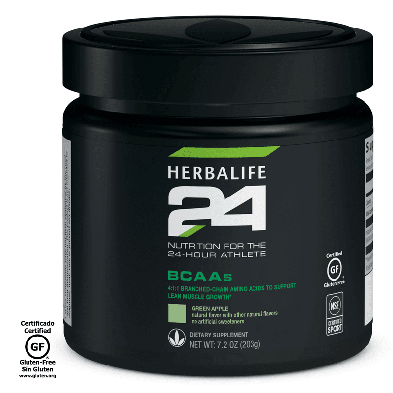 Herbalife24 BCAAs: Green Apple dietary supplement in a black container for muscle growth and recovery