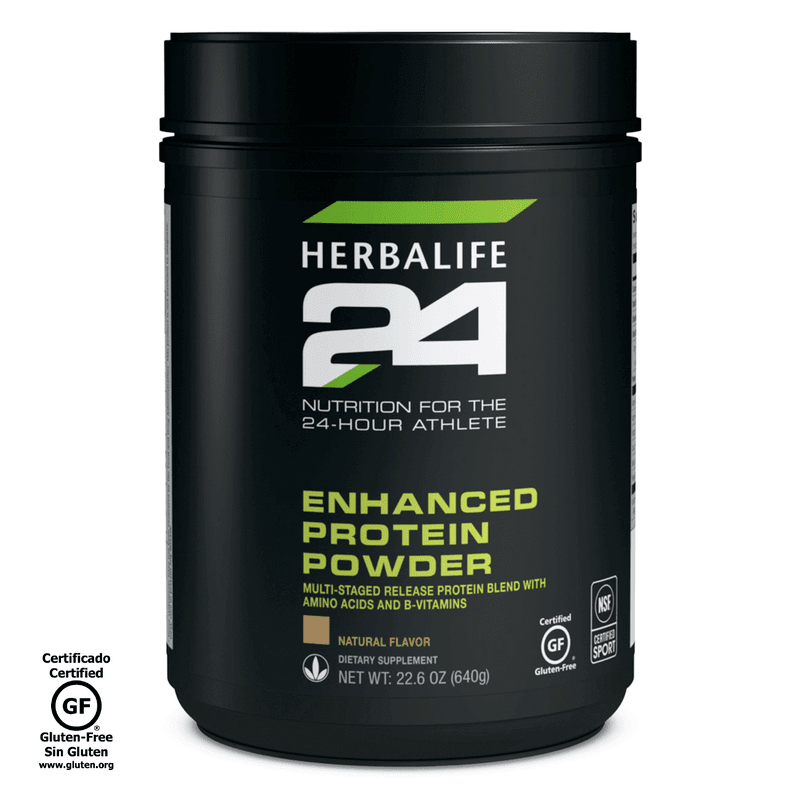 Herbalife24 Enhanced Protein Powder: Natural Flavor container showcasing its multi-staged release protein blend and gluten-free certification.