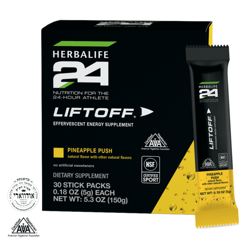 Herbalife24 Liftoff Energy Drink in Pineapple Push flavor, energy supplement in stick packs, NSF Certified for Sport.