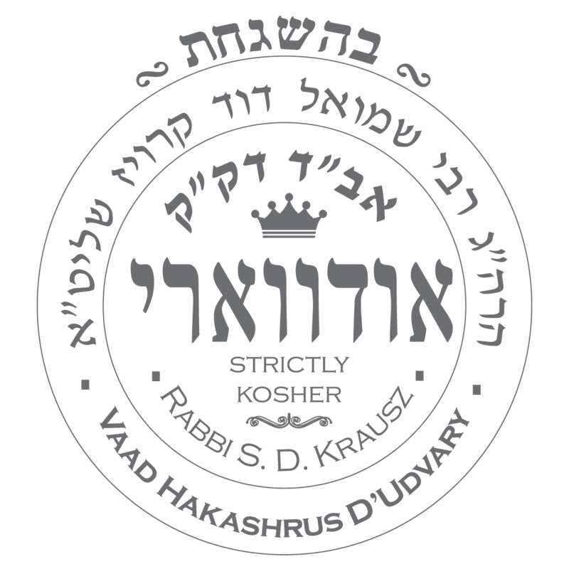 Kosher certification seal featuring Rabbi S. D. Krausz, strictly kosher certification symbol.