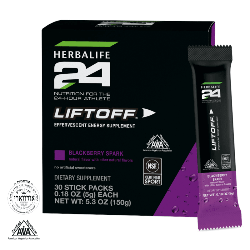 Herbalife24 Liftoff Energy Drink in Blackberry Spark flavor with 30 stick packs for athletes, NSF certified for sport.