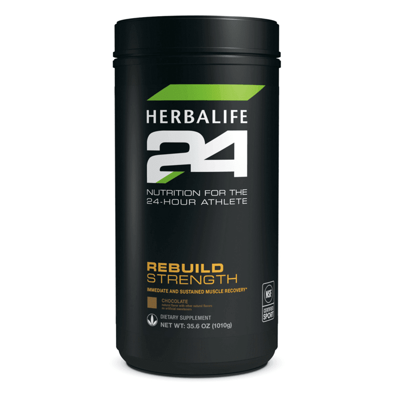 Herbalife24® Rebuild Strength Chocolate canister for muscle recovery after workouts, 35.6 oz dietary supplement.