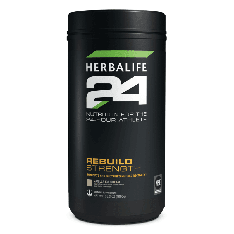 Herbalife24® Rebuild Strength Vanilla Ice Cream canister for muscle recovery after workouts.