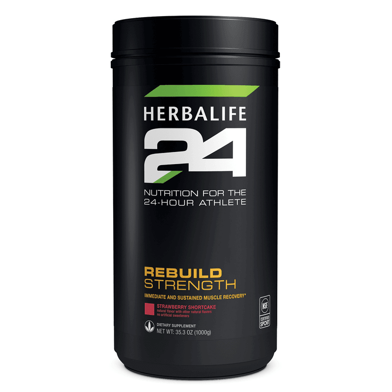 Herbalife24® Rebuild Strength Strawberry Shortcake canister for muscle recovery and growth after workouts.