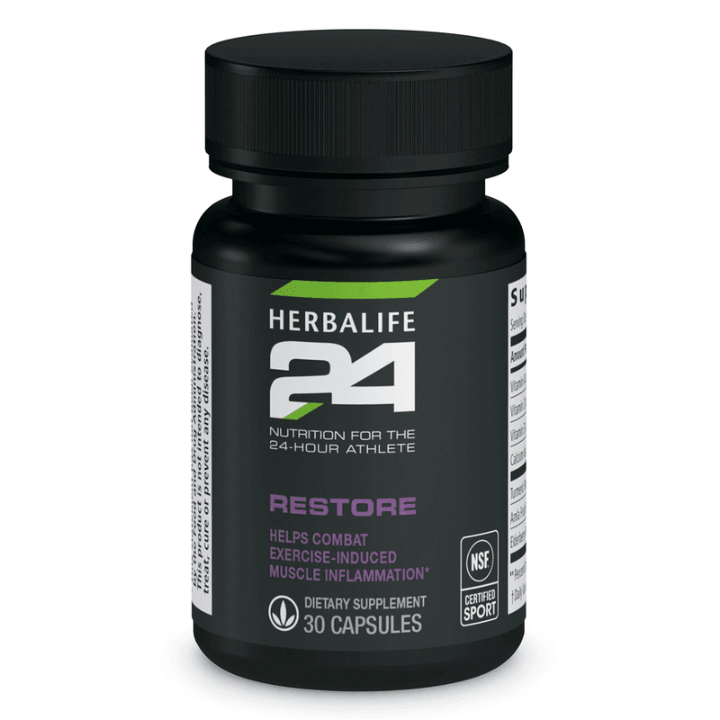 Herbalife24 Restore dietary supplement bottle helps combat exercise-induced inflammation.