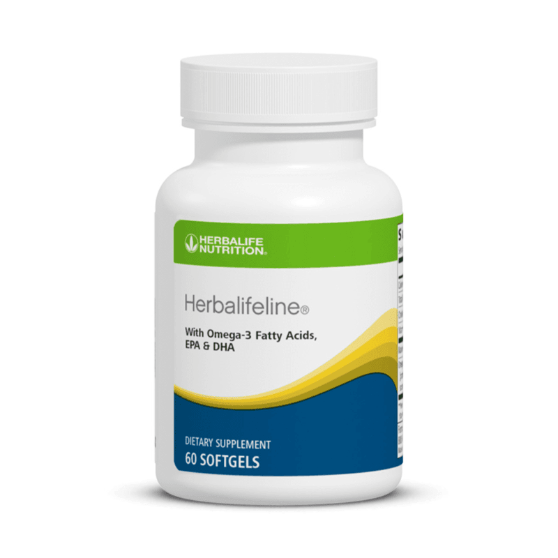 Herbalifeline® supplement bottle with omega-3 fatty acids, EPA and DHA, 60 softgels for heart health support.