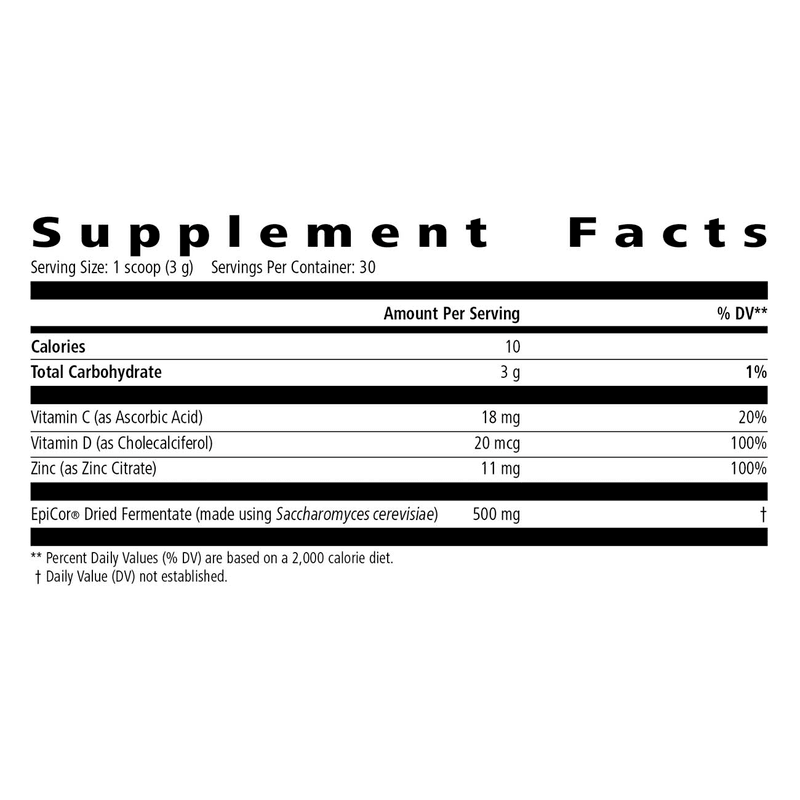 Supplement facts for Immunity Essentials showing nutrient content and serving information.