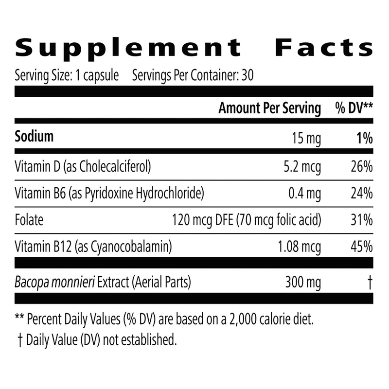 MemoryArmor: Bacopa for Brain Health & Memory Support supplement facts including Bacopa monnieri and vitamins.