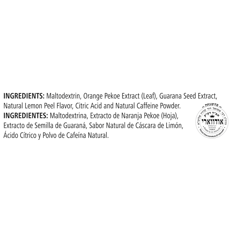 Ingredients list of AlVivo's N-R-G Tea including guarana, orange pekoe and lemon peel for an energizing beverage.