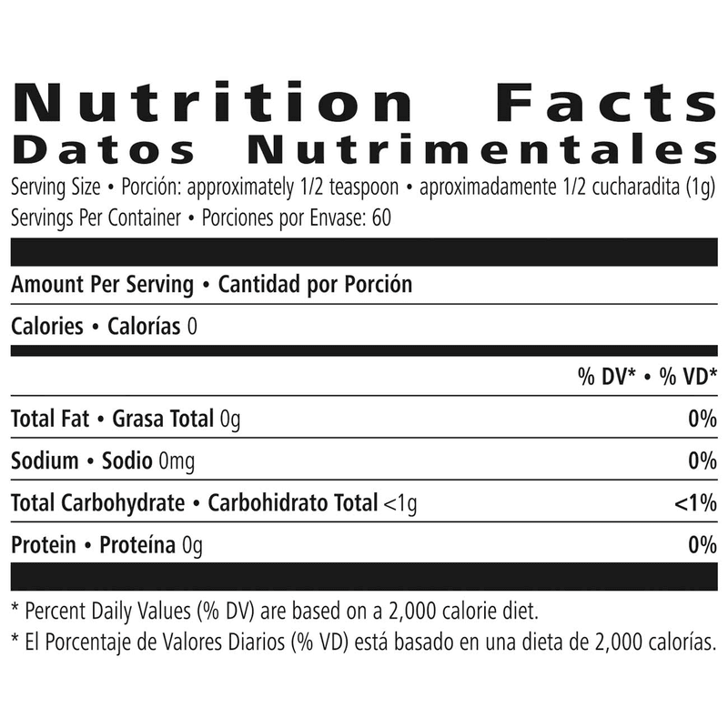 Nutritional facts label for AlVivo's N-R-G Tea showing 0 calories and all nutrients per serving.