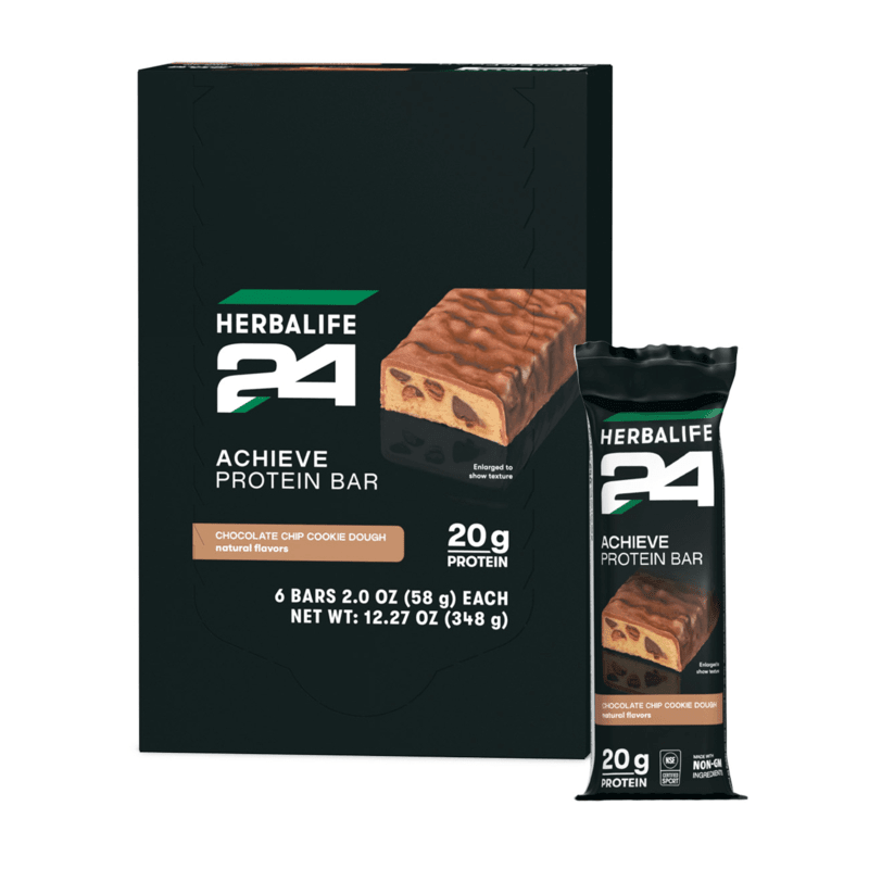 Herbalife24 ACHIEVE Protein Bar, Chocolate Chip Cookie Dough flavor, 20g protein, pack of 6, perfect for active lifestyles.