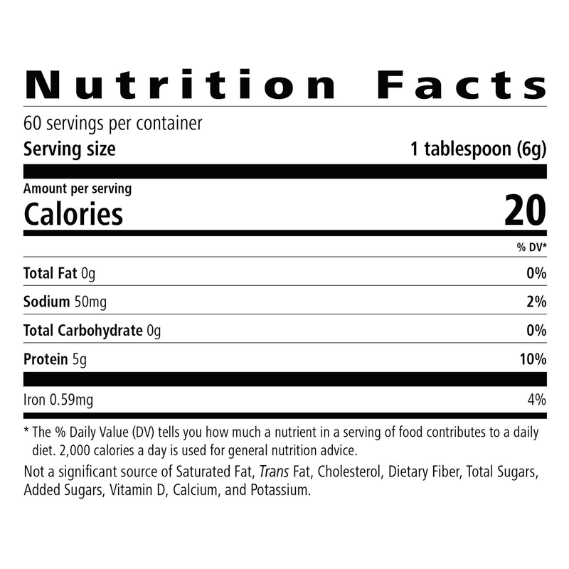Nutrition facts for Personalized Protein Powder 12.7 Oz. including calories, protein, and serving details.