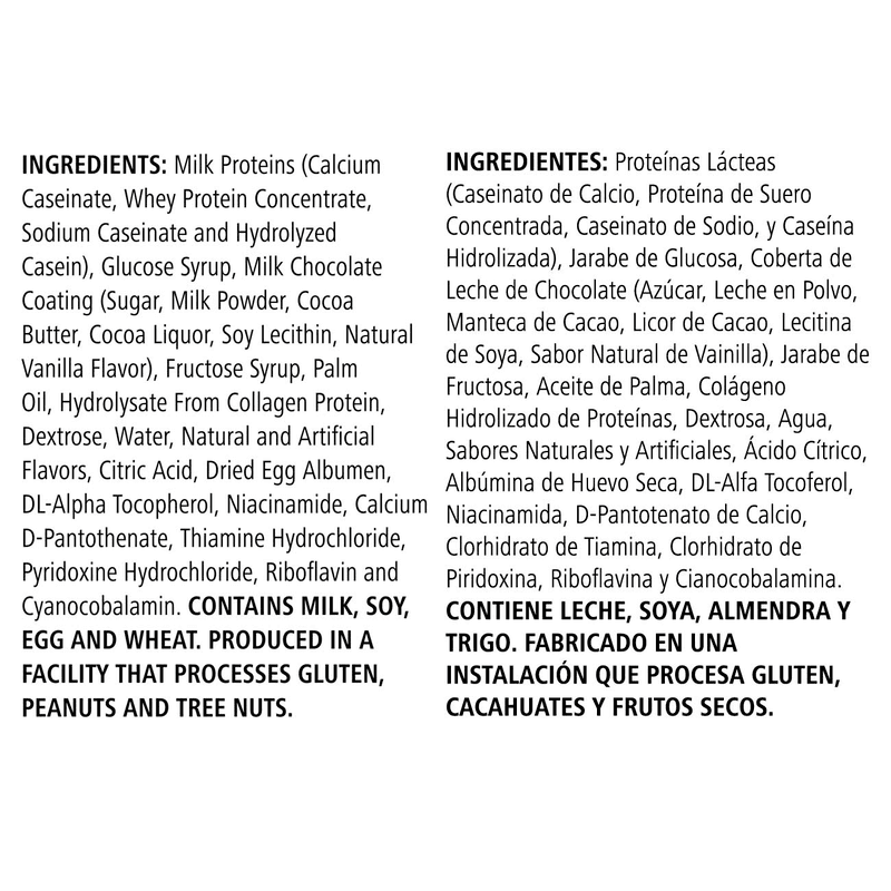 Ingredients list for Protein Bar Deluxe, featuring milk proteins, chocolate coating, and key nutritional components.