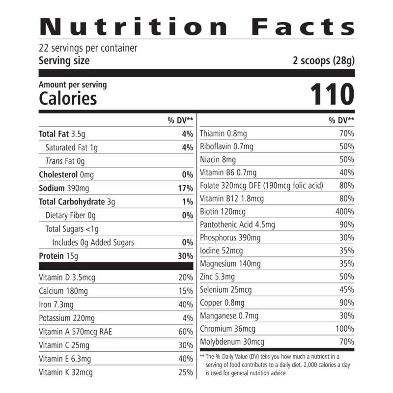 Nutrition facts for AlVivo's Protein Drink Mix, showing protein content and other nutrients per serving.