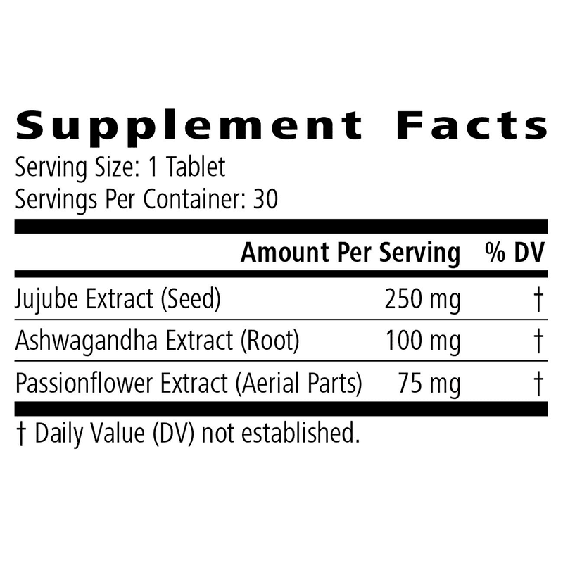 Supplement Facts for Relax Now: 30 Tablet showing key herbal ingredients and their amounts per serving.