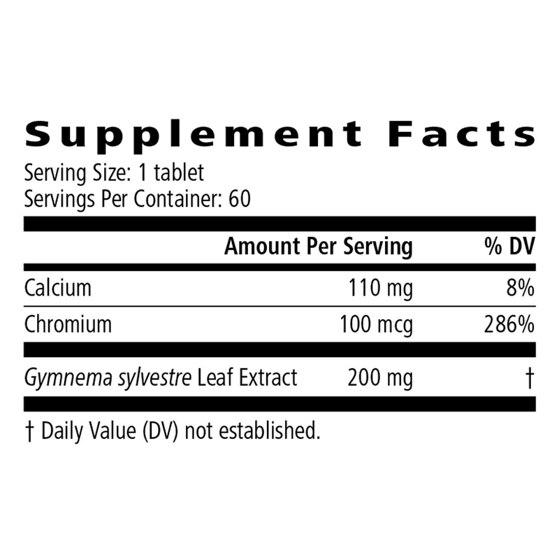 Supplement Facts for Snack Defense 60 Tablets: Support Blood Sugar, including calcium, chromium, and gymnema sylvestre.