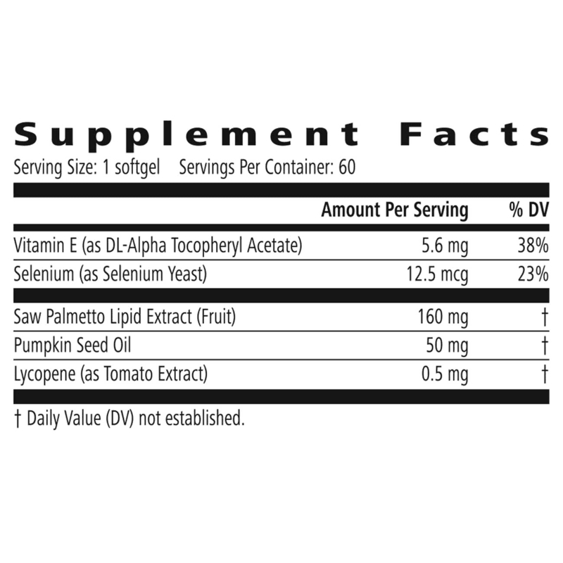 Ultimate Prostate Formula supplement facts including Vitamin E, Selenium, Saw Palmetto, Pumpkin Seed Oil, and Lycopene.